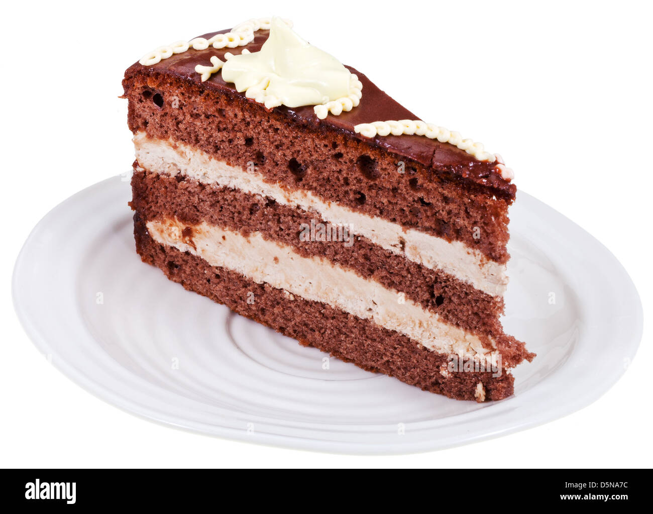 chocolate cake piece on plate isolated on white background Stock Photo