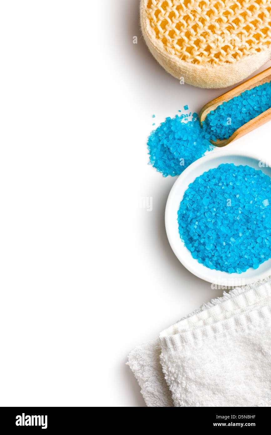 blue bath salt on white background Stock Photo