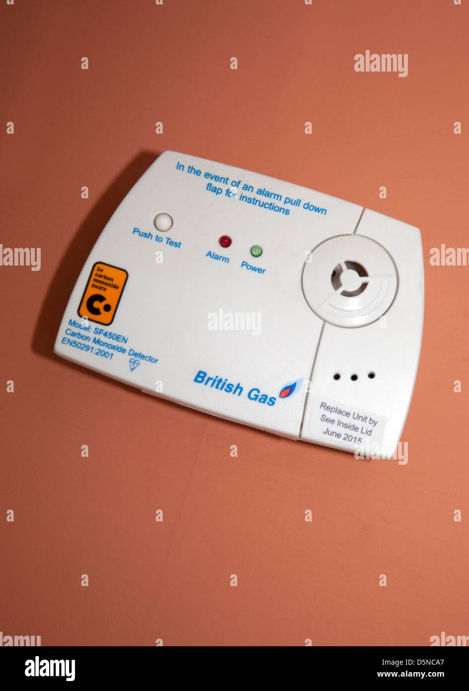 Carbon monoxide detector installed in home, London Stock Photo
