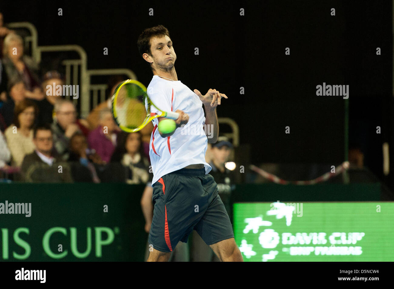 Coventry, UK. 5th April 2013.  Great Britain's James Ward playing against Russia's Evgeny Donskoy during the Euro/Africa Zone Group I Davis Cup tie between Great Britain and Russia from the Ricoh Arena. Credit: Action Plus Sports Images / Alamy Live News Stock Photo