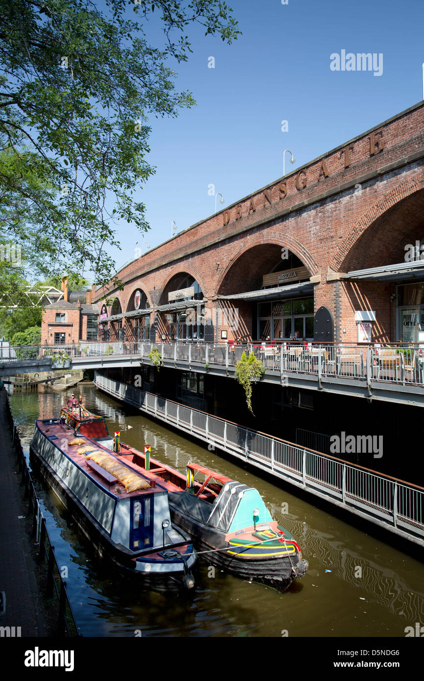Sunny day at Deansgate locks drinking area in Manchester city centre, England, UK Stock Photo
