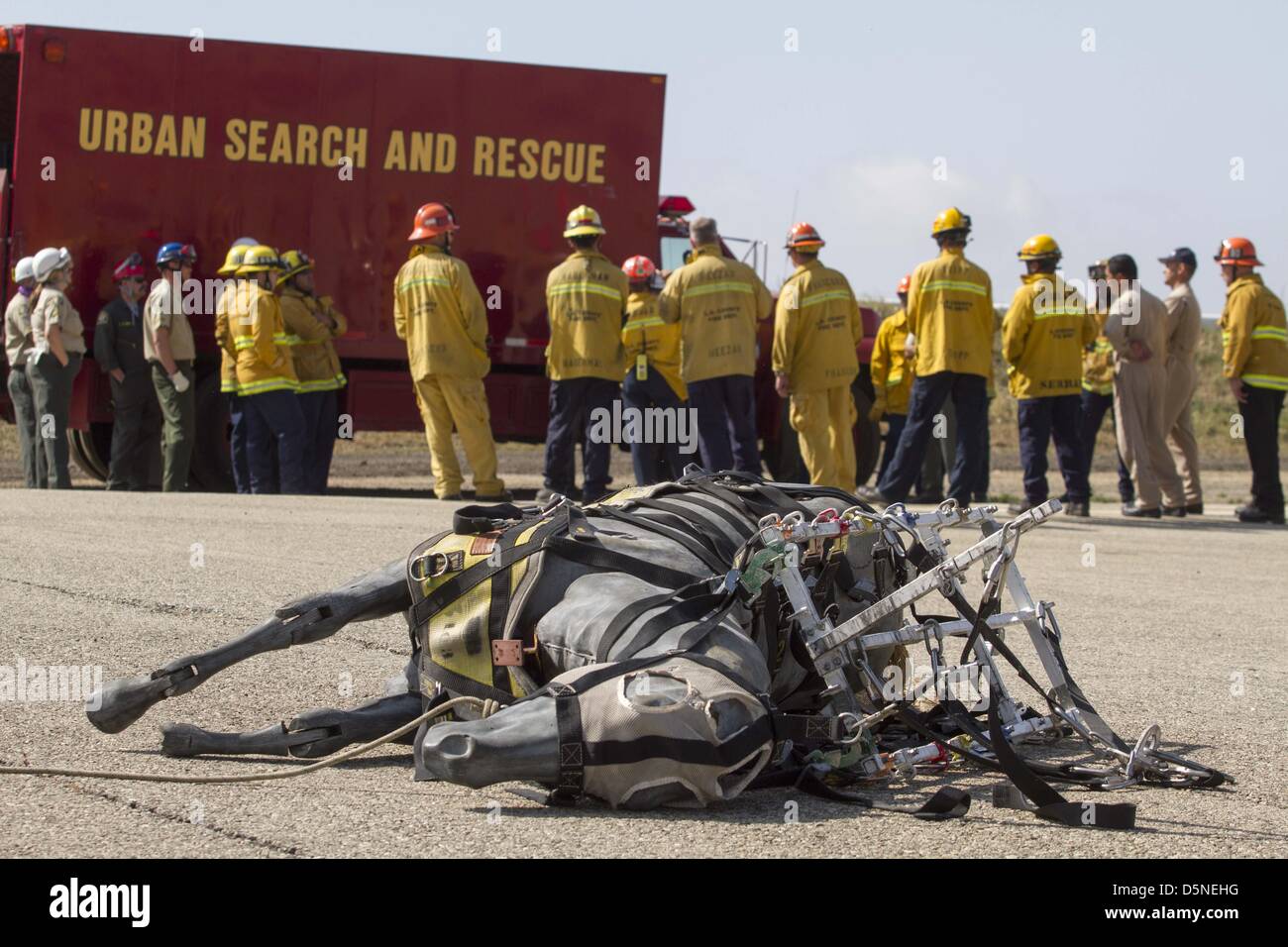 Los Angeles, California, USA. 5th April 2013. A horse dummy is seen as the members of Los Angeles County and City Fire Departments, along with County Department of Animal Care and Control experts, prepare during a large-animal rescue training session on Friday in Los Angeles, California. The event focus on horses and cattle in distress -- trapped or injured. (Credit Image: Credit:  Ringo Chiu/ZUMAPRESS.com/Alamy Live News) Stock Photo