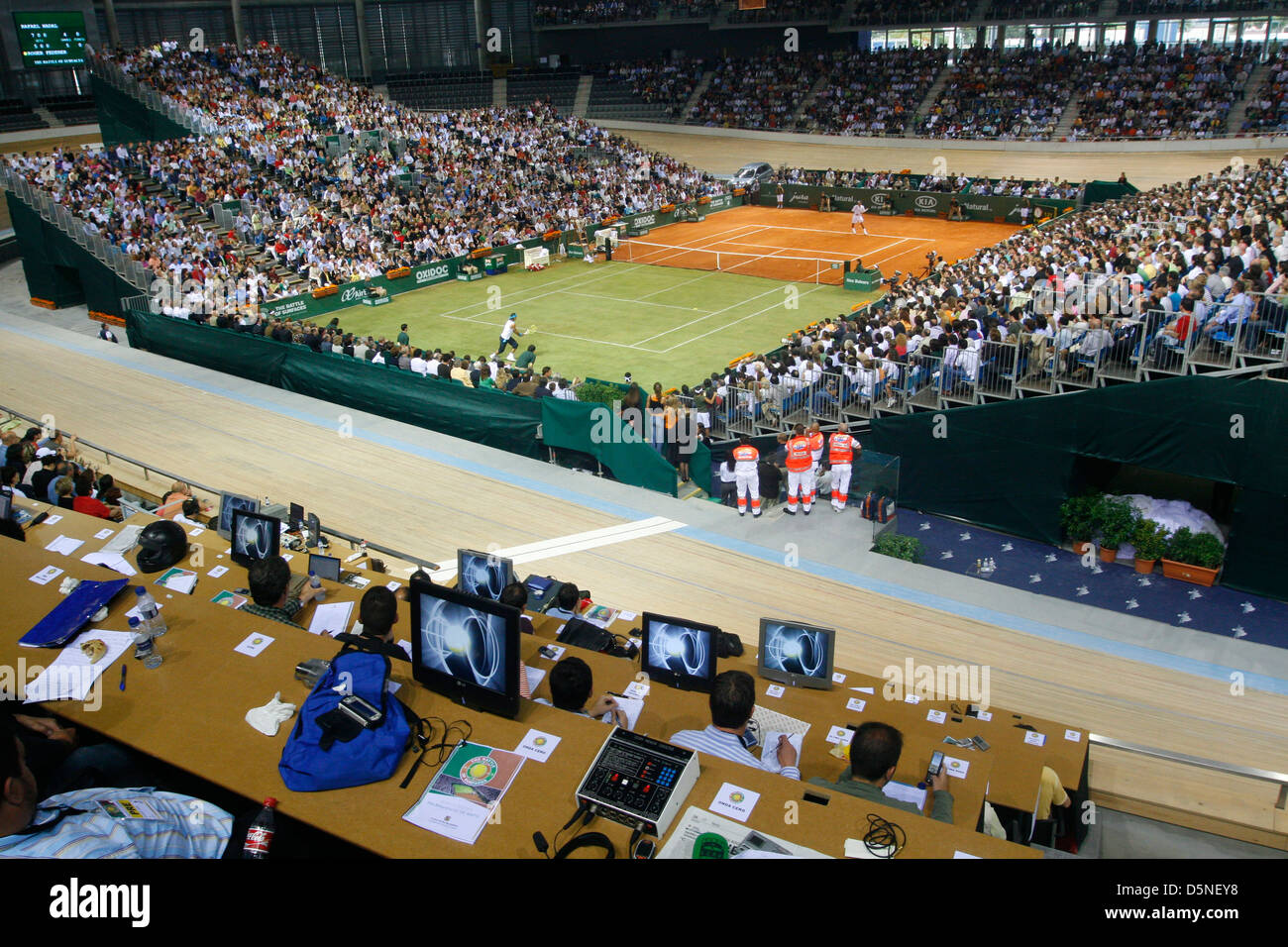 General view of a tennis court during an exhibition tournament with