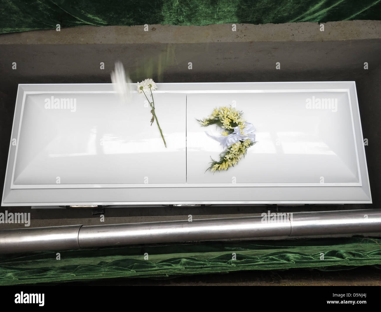 White coffin in grave during funeral Stock Photo Alamy