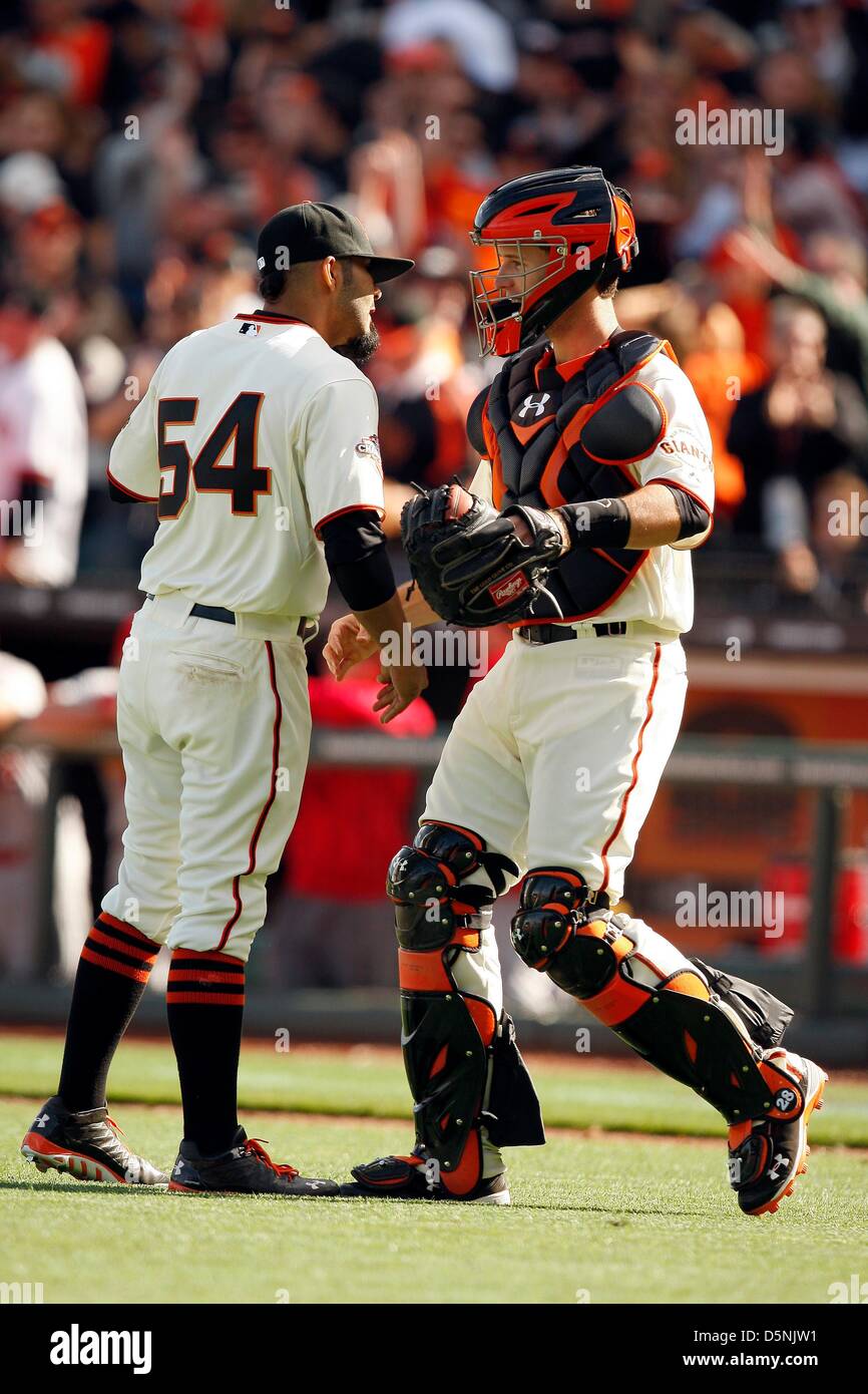 San Francisco Giants closer Sergio Romo celebrates a 2-0 win against the  Detroit Tigers in Game 2 of the 2012 World Series at AT&T Park on Thursday,  October 25, 2012, in San