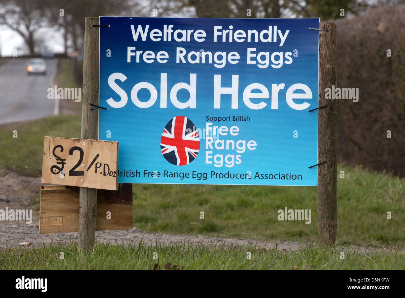 Welfare friendly free range eggs sold here sign outside an egg farm