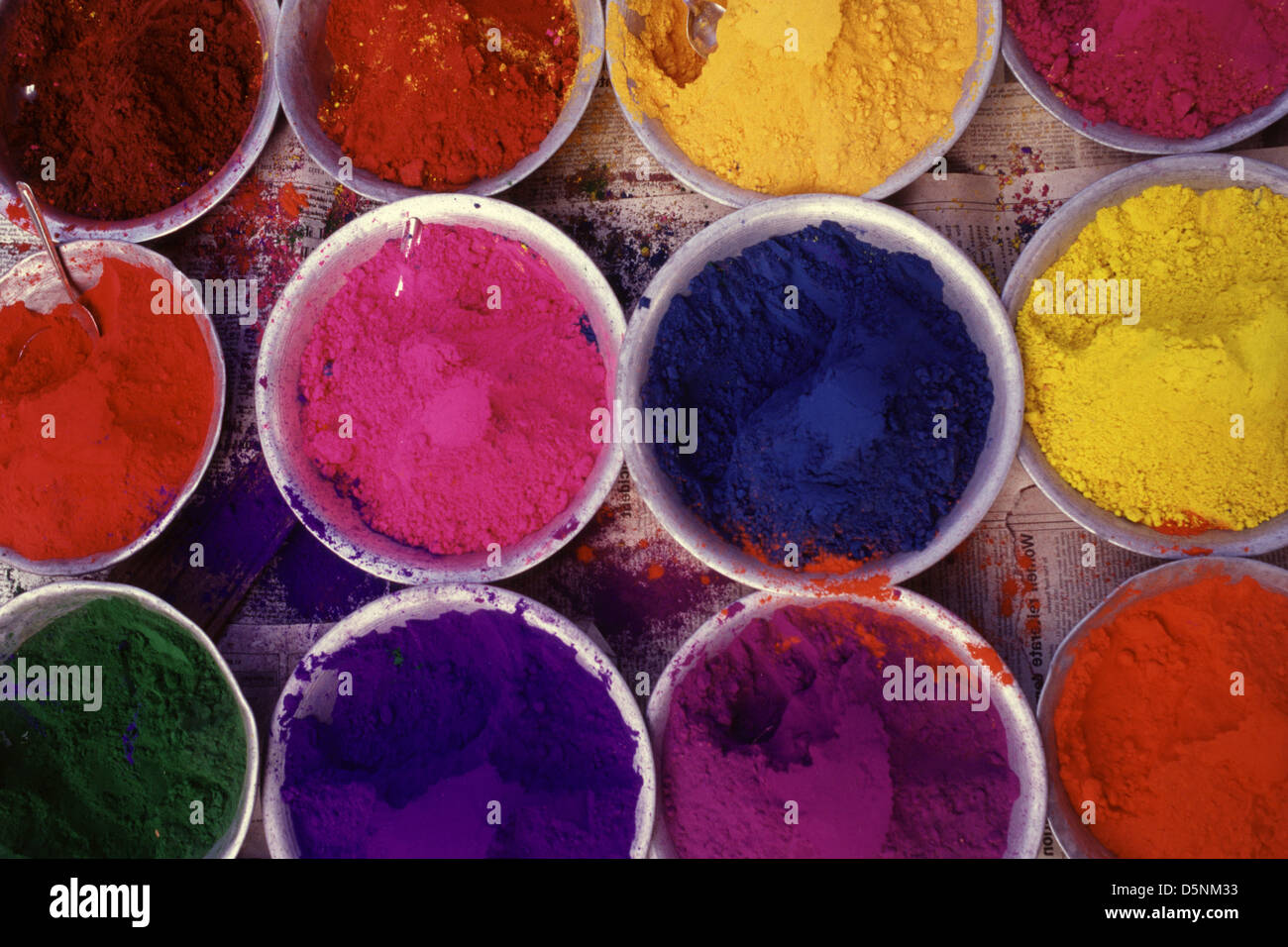 Multi colored Tilaka powder also called Tilak or Tika for sale in Tamil Nadu India Stock Photo
