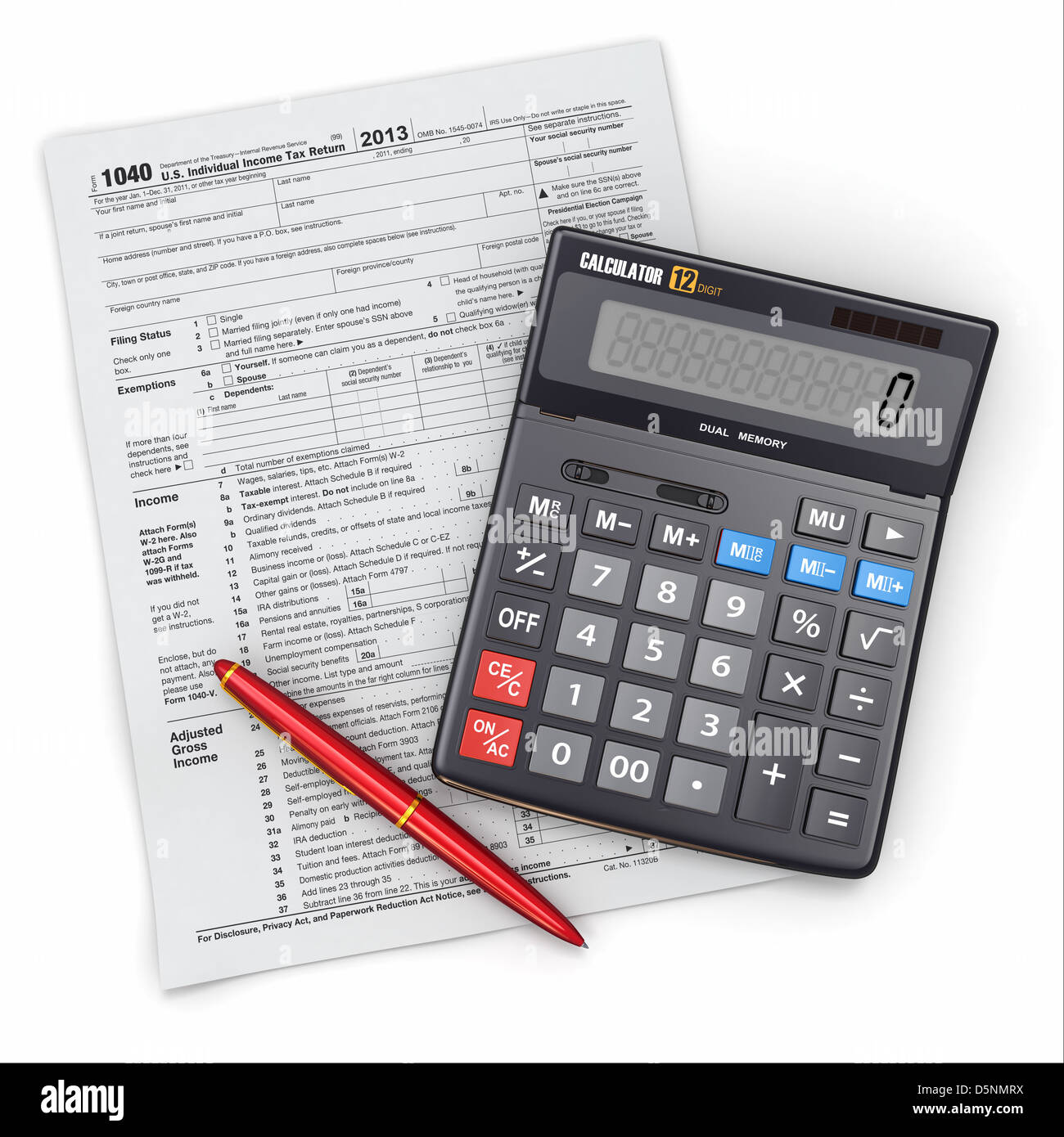 Tax Return 1040, calculator and pencil on white background. 3d Stock
