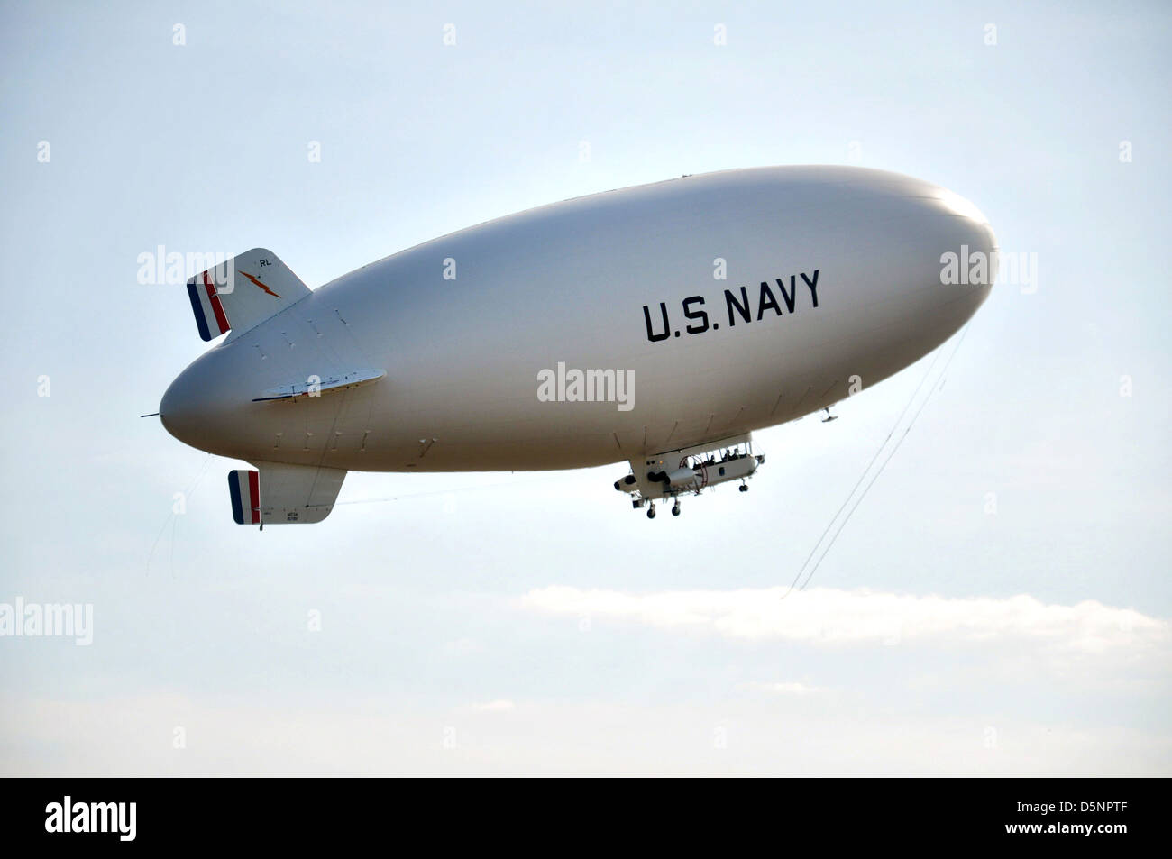 The US Navy’s only manned airship the MZ-3A lifts off at Fernandina Beach Municipal Airport April 3, 2013 in Fernandina, Florida. The airship is a test platform for surveillance cameras, radars and other sensors. Stock Photo
