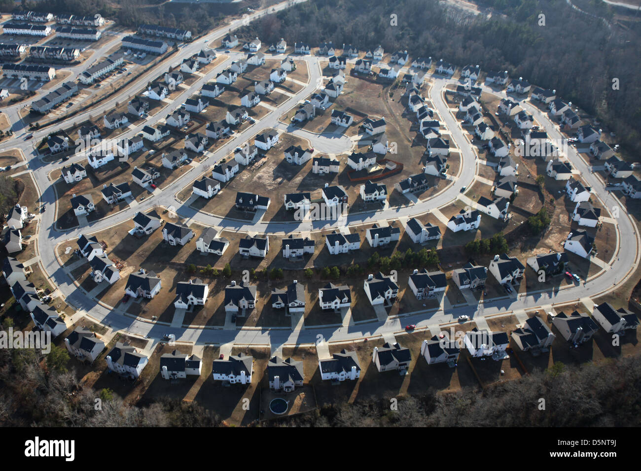 Suburban sprawl housing track in late afternoon light. Stock Photo