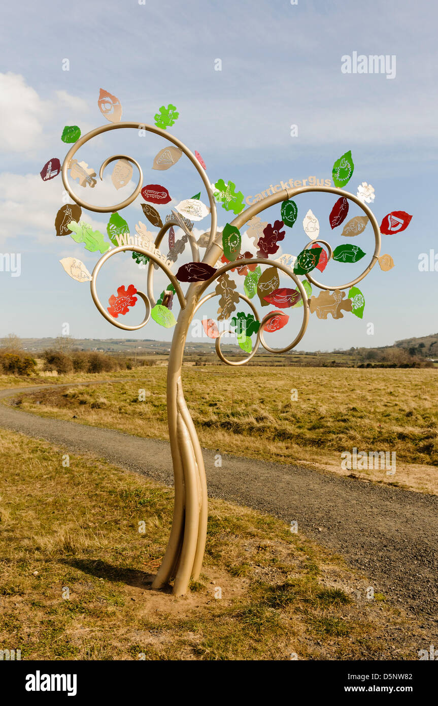 Tree sculpture by artist Kevin Killen at the Diamond Jubilee Wood, Whitehead, Stock Photo