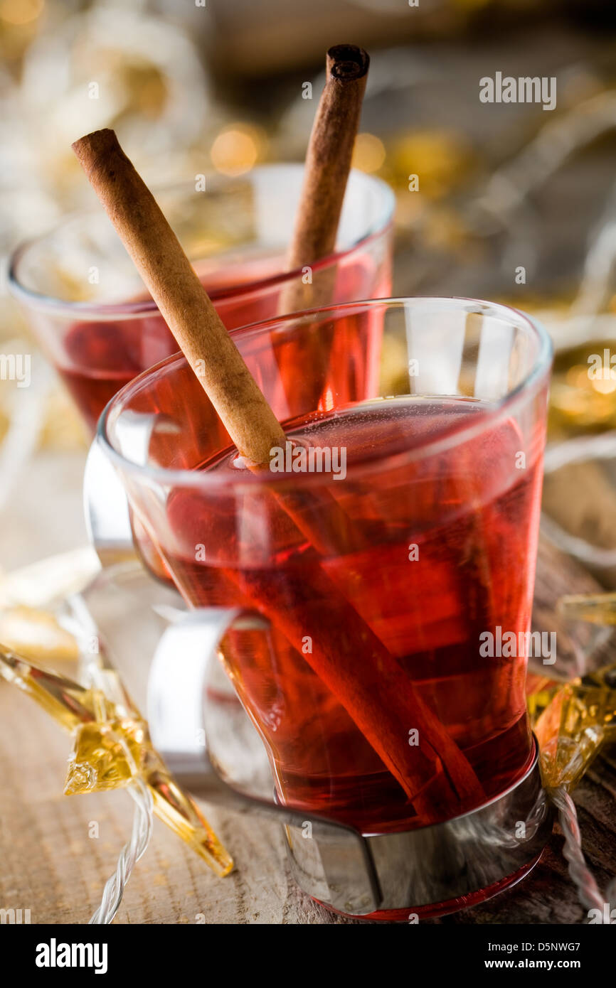 Hot christmas drink glogg with cinnamon sticks Stock Photo