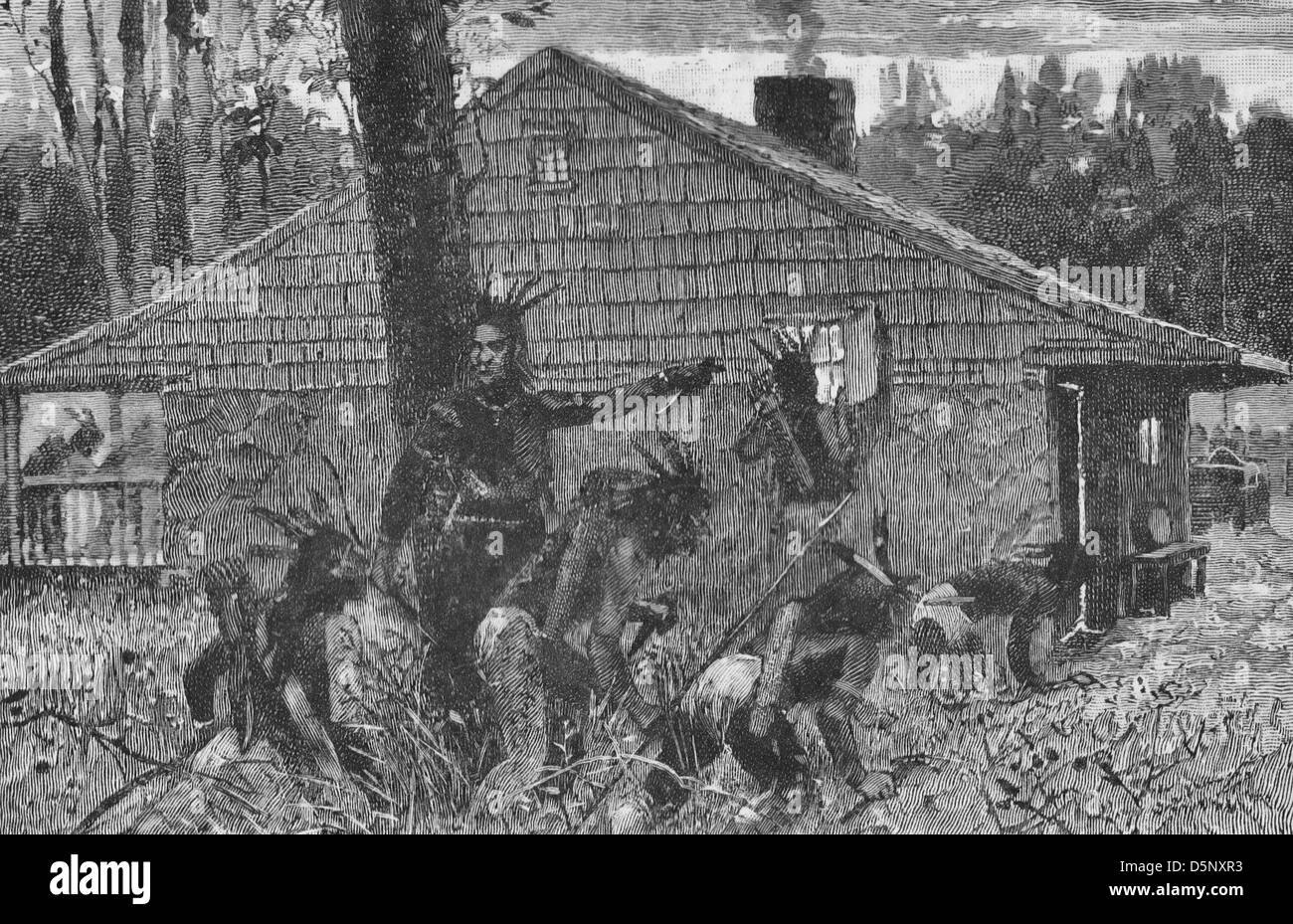 Early Morning Attack by Indians - Colonial USA, circa 1750 Stock Photo
