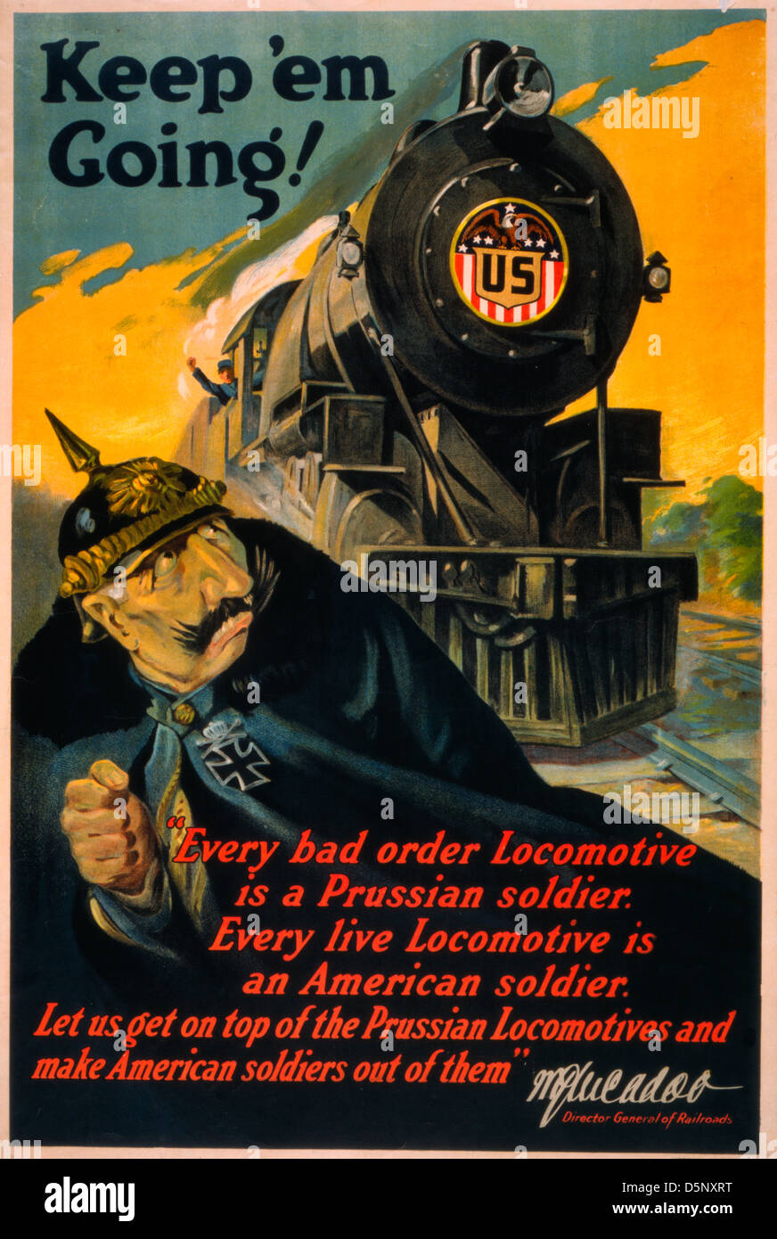 Keep em Going - Poster showing a German soldier fleeing from an oncoming locomotive bearing insignia, 'U.S.' - USA World War I Poster Stock Photo