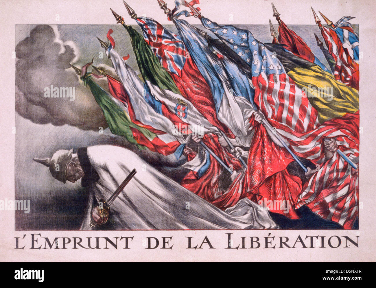L'Emprunt de la Libération - The Loan of Liberation The allied flags bearing down on Kaiser Wilhelm II (1859-1941). French WWI poster, circa 1918 Stock Photo