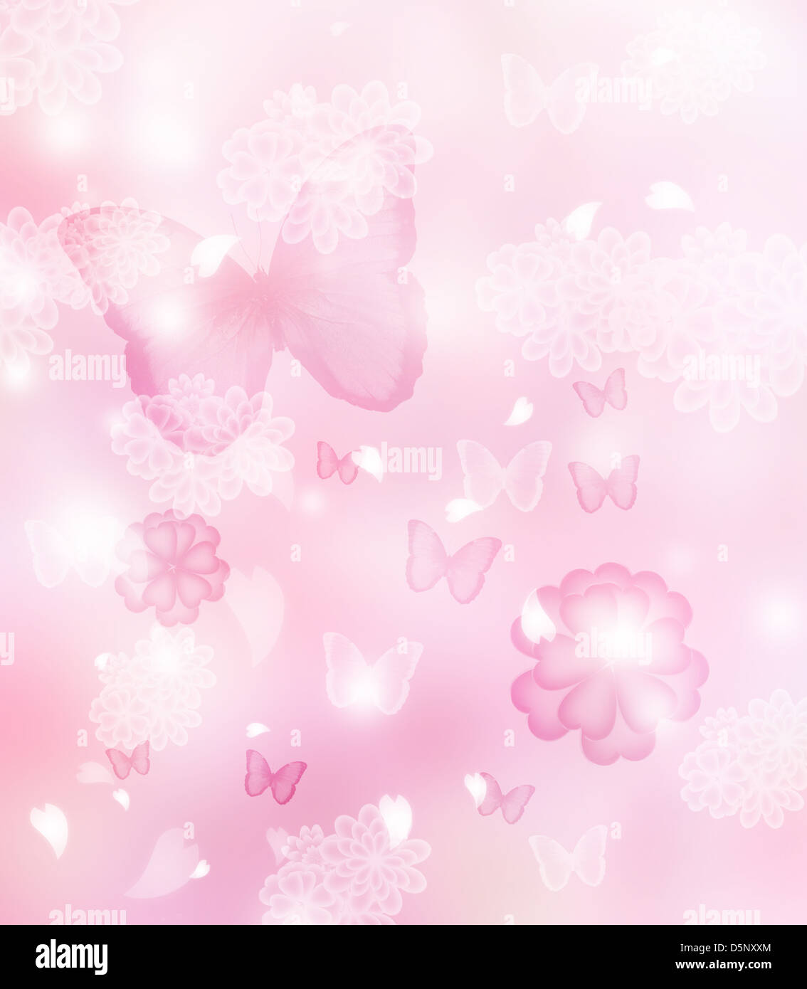Blossoms and butterflies pastel pink illustration Stock Photo