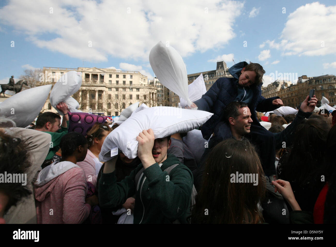 London, UK. 6th April 2013.  International Pillow Fight 2013 in Trafalgar Square. Credit: Mario Mitsis / Alamy Live News Stock Photo