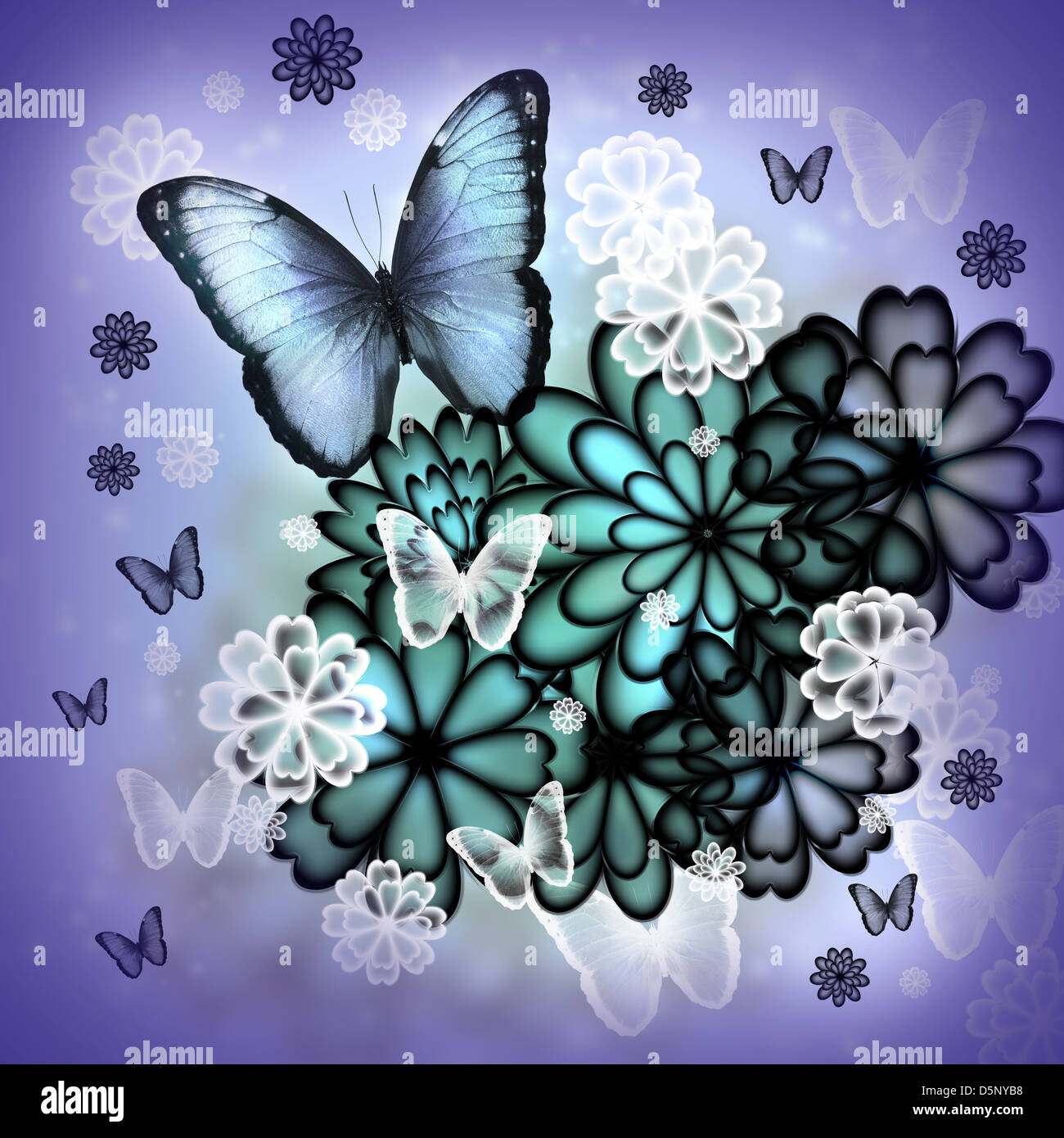 Butterflies and blossoms purple colored illustration Stock Photo