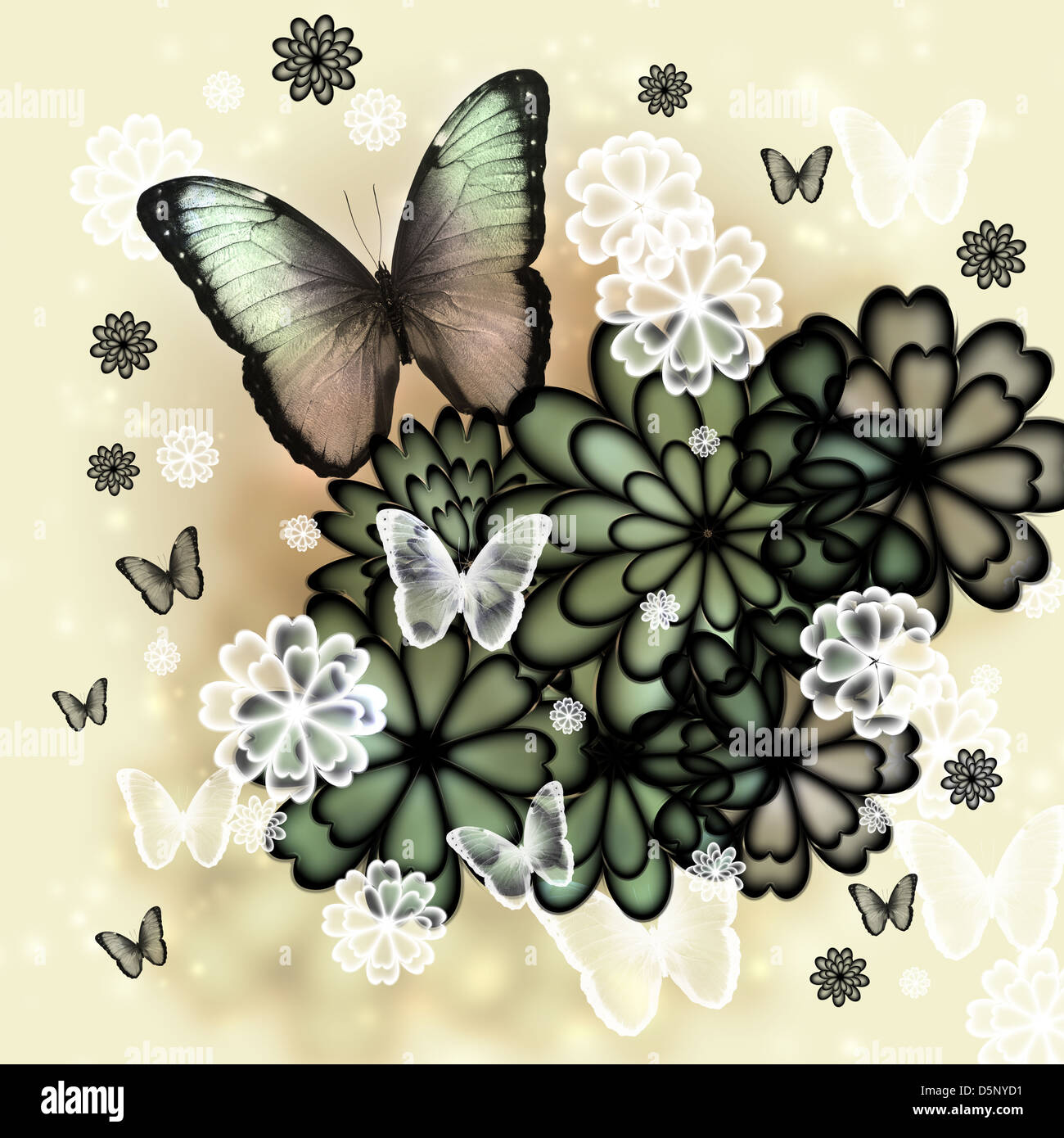 Butterflies and blossoms tinted illustration Stock Photo