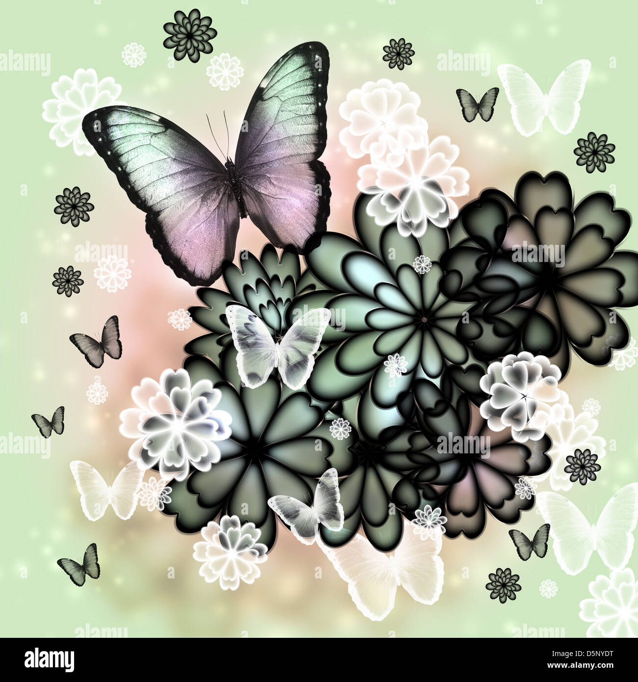 Butterflies and blossoms tinted illustration (pink and green) Stock Photo