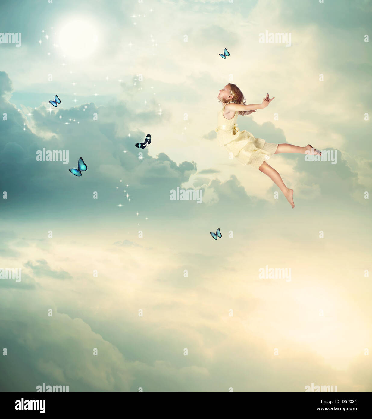 Little Blonde Girl Flying with Butterflies at Twilight Stock Photo - Alamy
