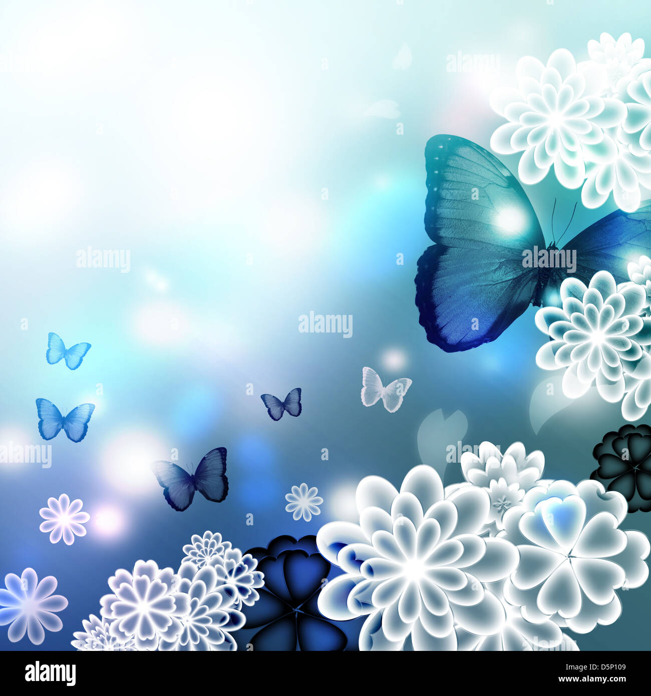 Blossoms and butterflies, blue colored illustration Stock Photo