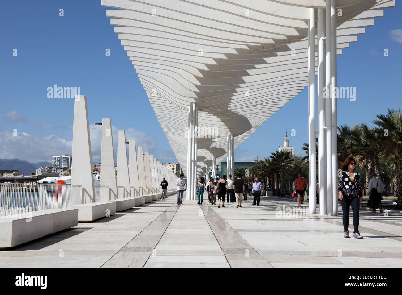 Promenade with a pergola at Muelle Uno in the port of Malaga, Andalusia Spain Stock Photo