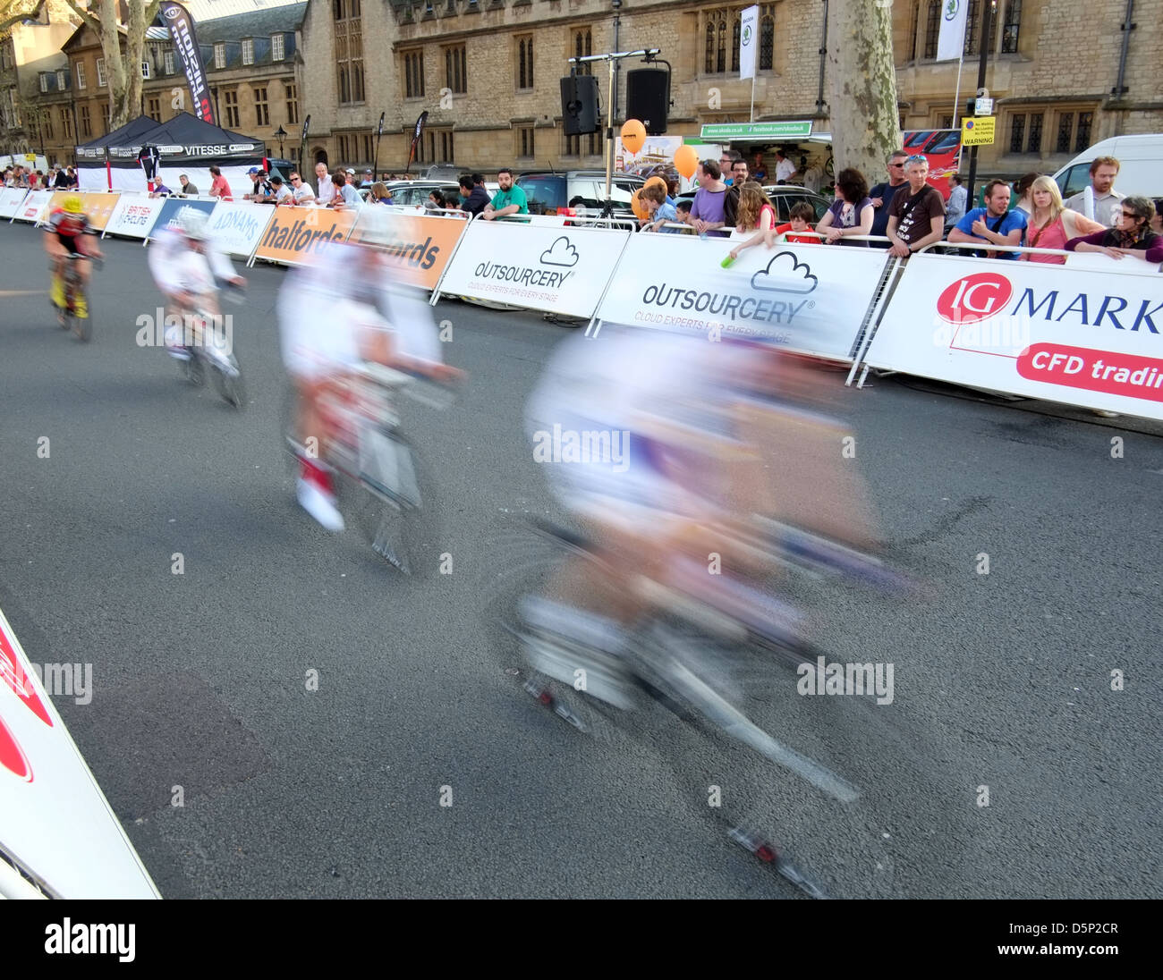 A road cycle race in the Halfords tour in Oxford City Centre. 2012 Stock Photo