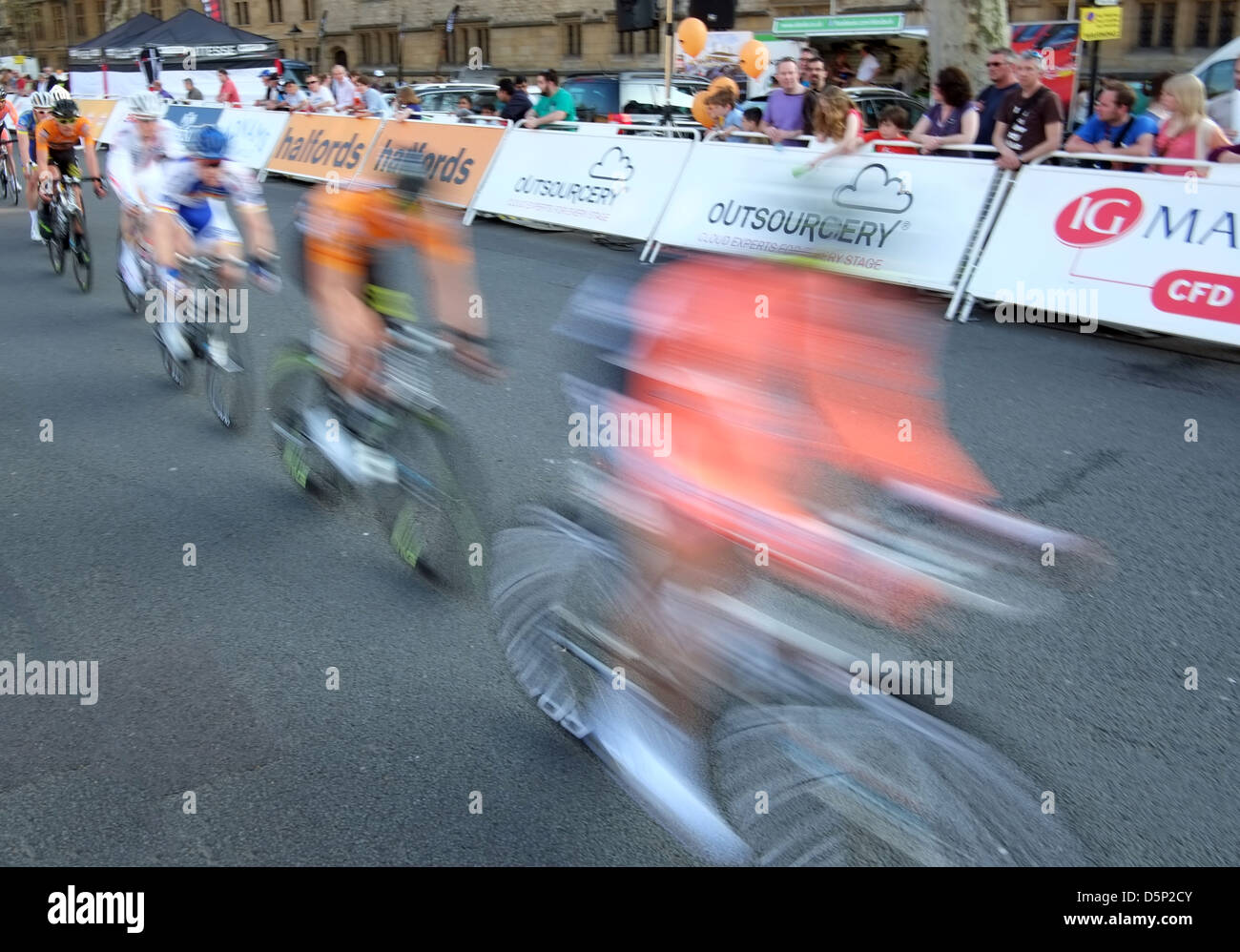 A road cycle race in the Halfords tour in Oxford City Centre. 2012 Stock Photo