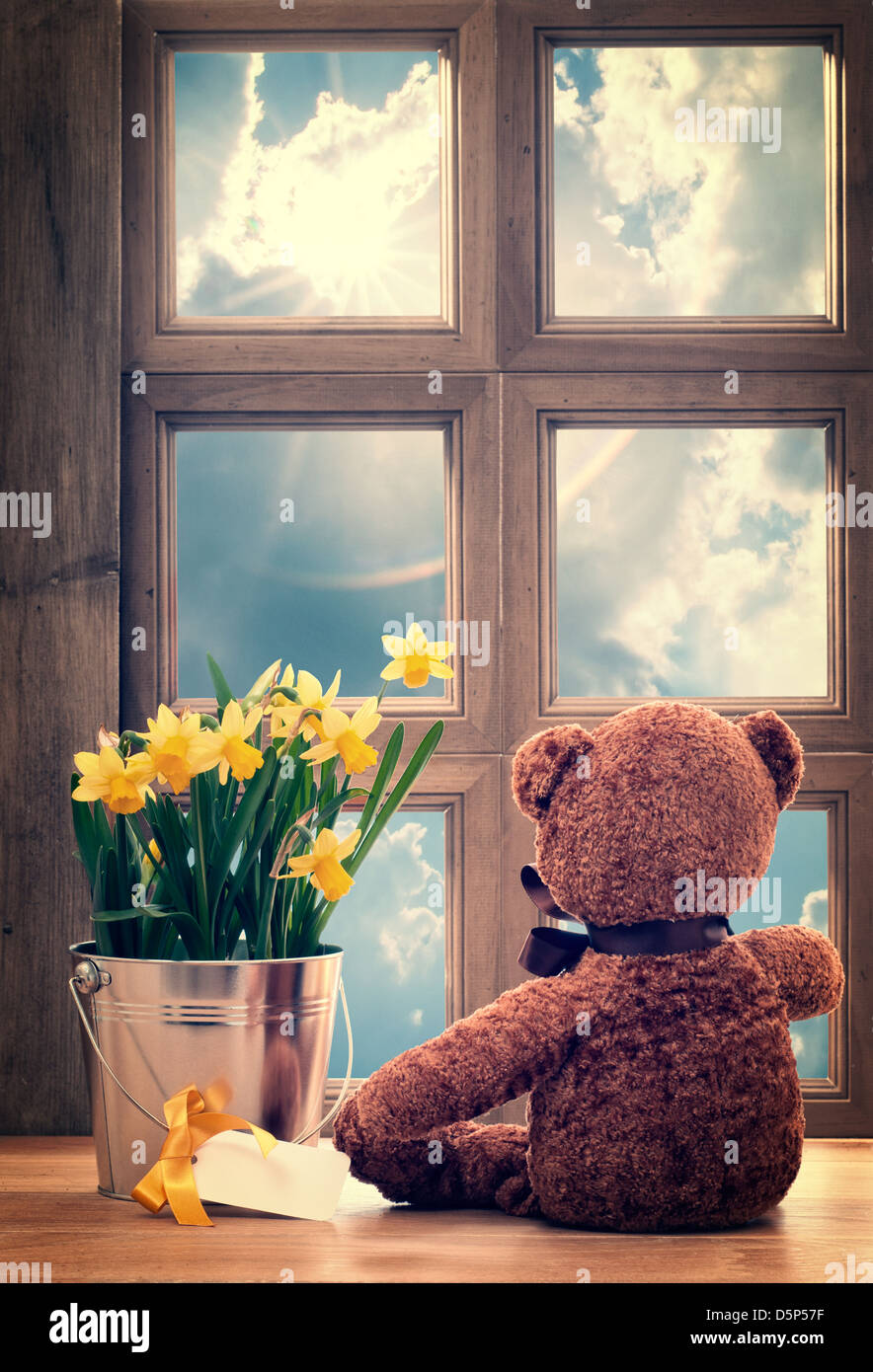 Spring window with daffodils and vintage feel Stock Photo - Alamy