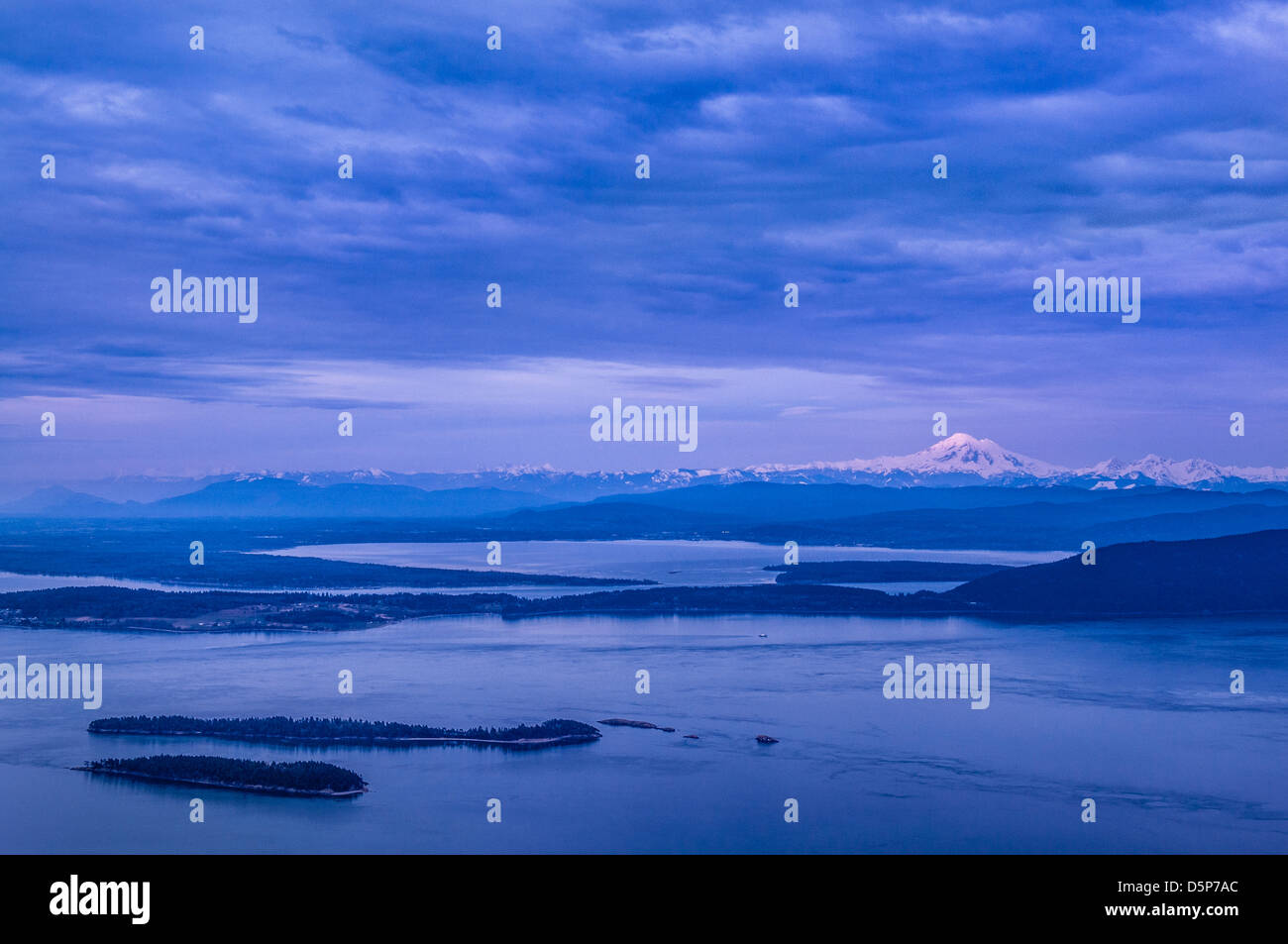 Rosario Strait, Lummi Island and Mount Baker, from Mount Constitution lookout at Moran State Park, Orcas Island; Washington Stock Photo