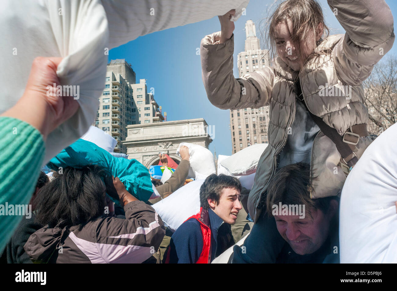 New York, NY, USA.  6th April 2013 International Pillow Fight Day in Washington Square Park. Stock Photo