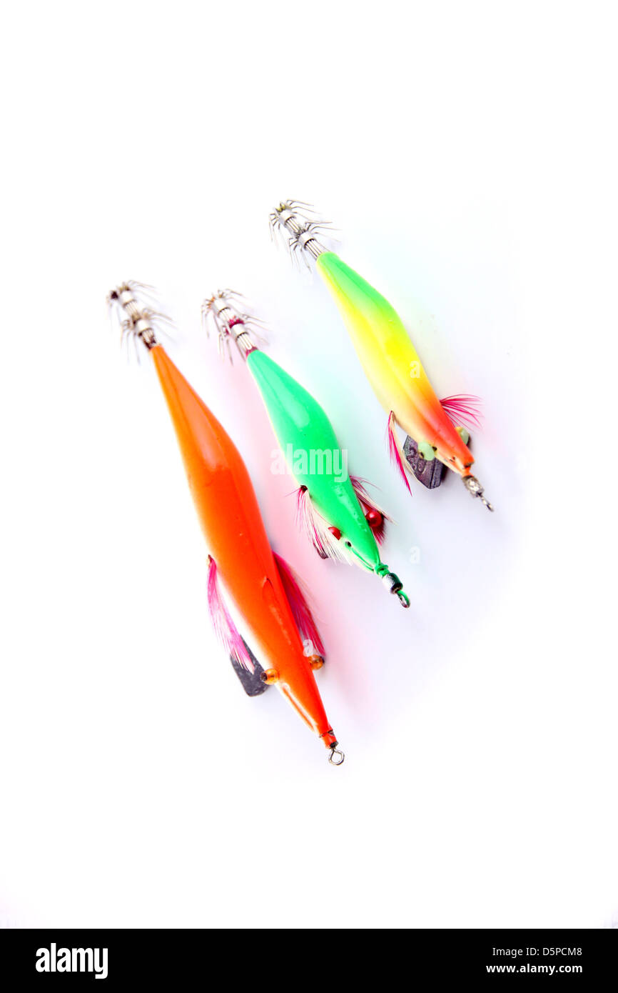 Focus Three Lure is Squid fishing on white Background. Stock Photo