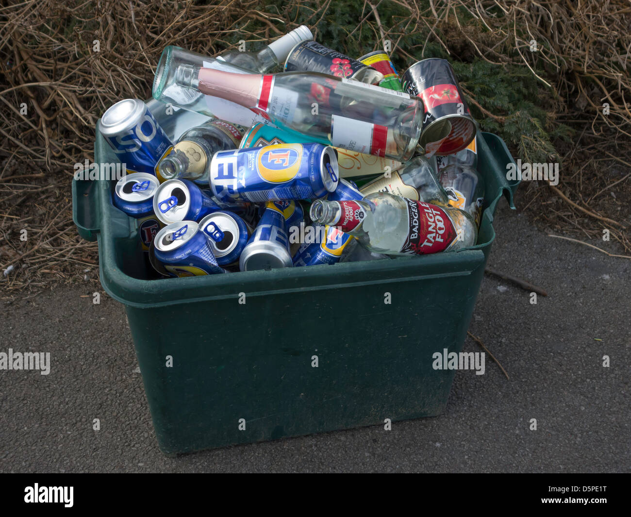 Recycling Green box for bottles and tins filled with Lager cans Stock Photo