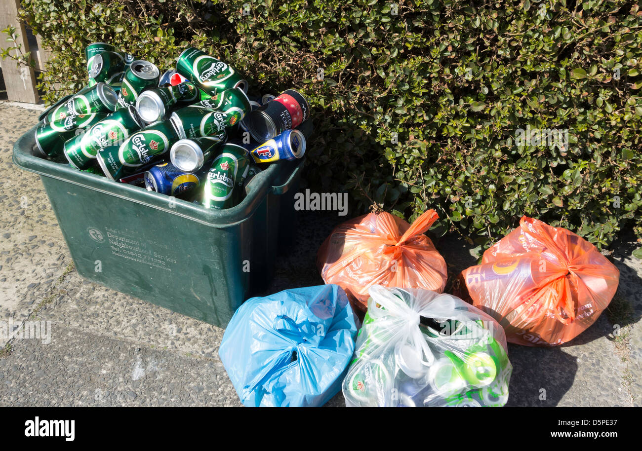 Recycling Green box for bottles and tins filled with Lager cans. The box is too small and plastic bags are filled with cans Stock Photo Alamy