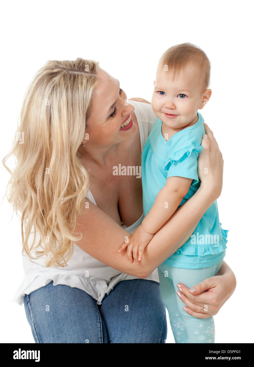 Portrait of loving mother and her child on white background Stock Photo