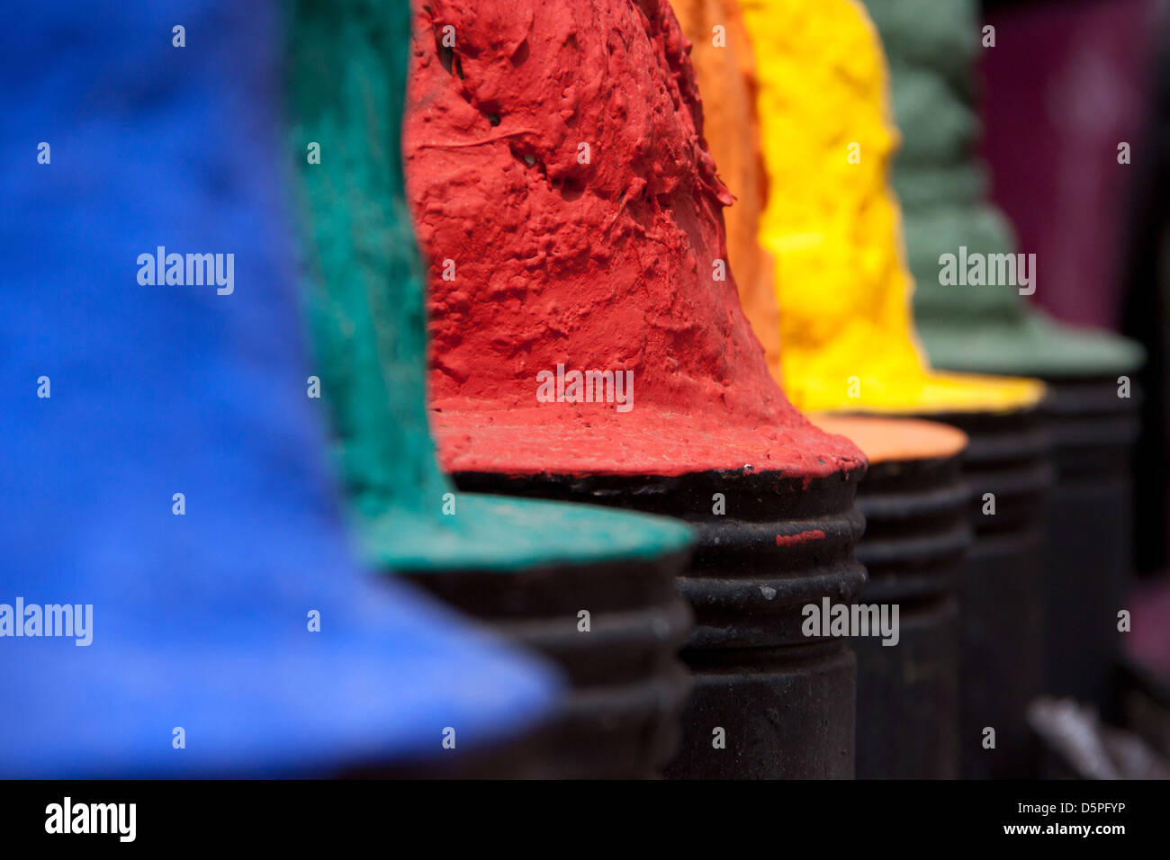 selections of Moroccan dye's (blue, green, red, orange, yellow, purple) Stock Photo