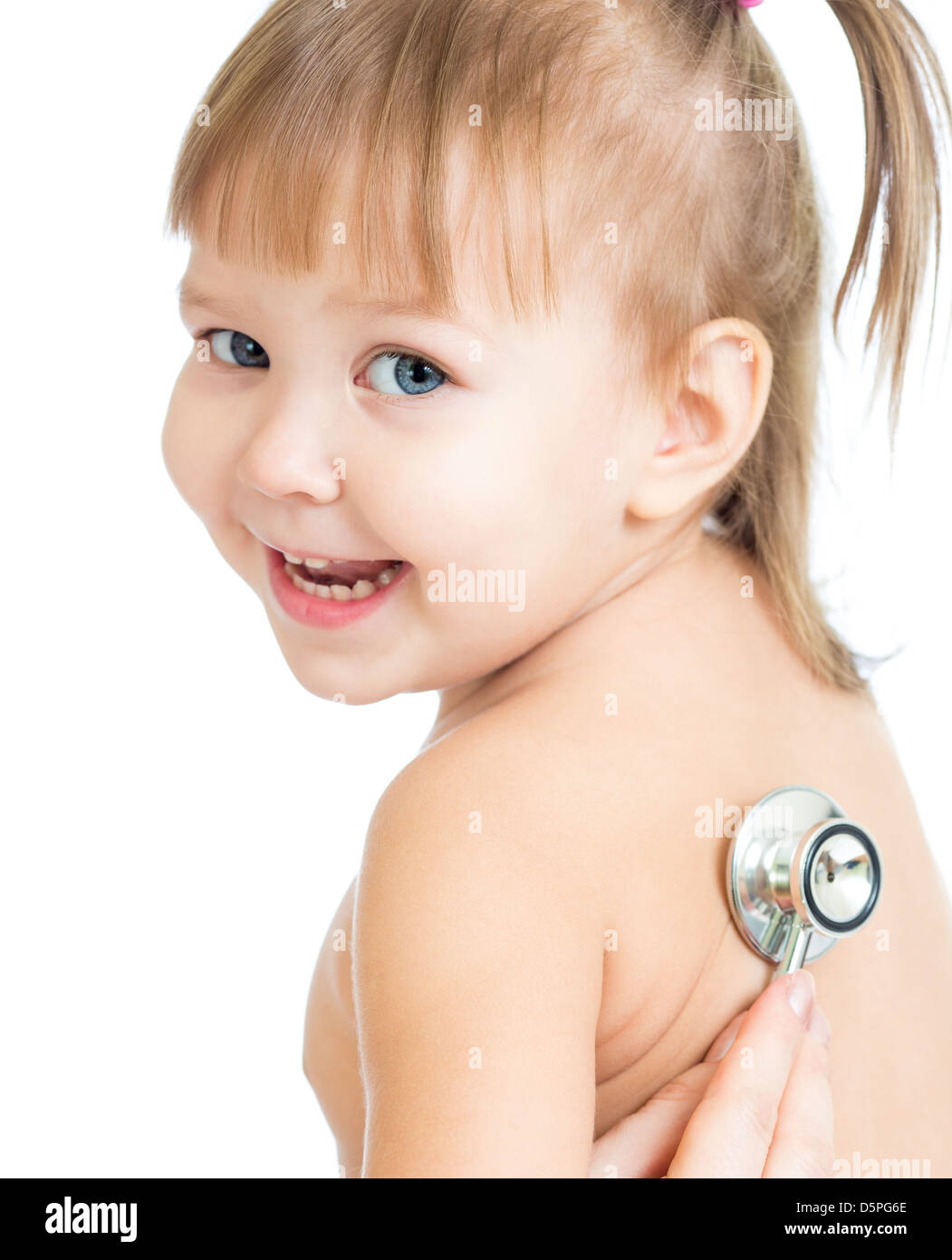 Pediatric doctor examining little baby girl with stethoscope isolated