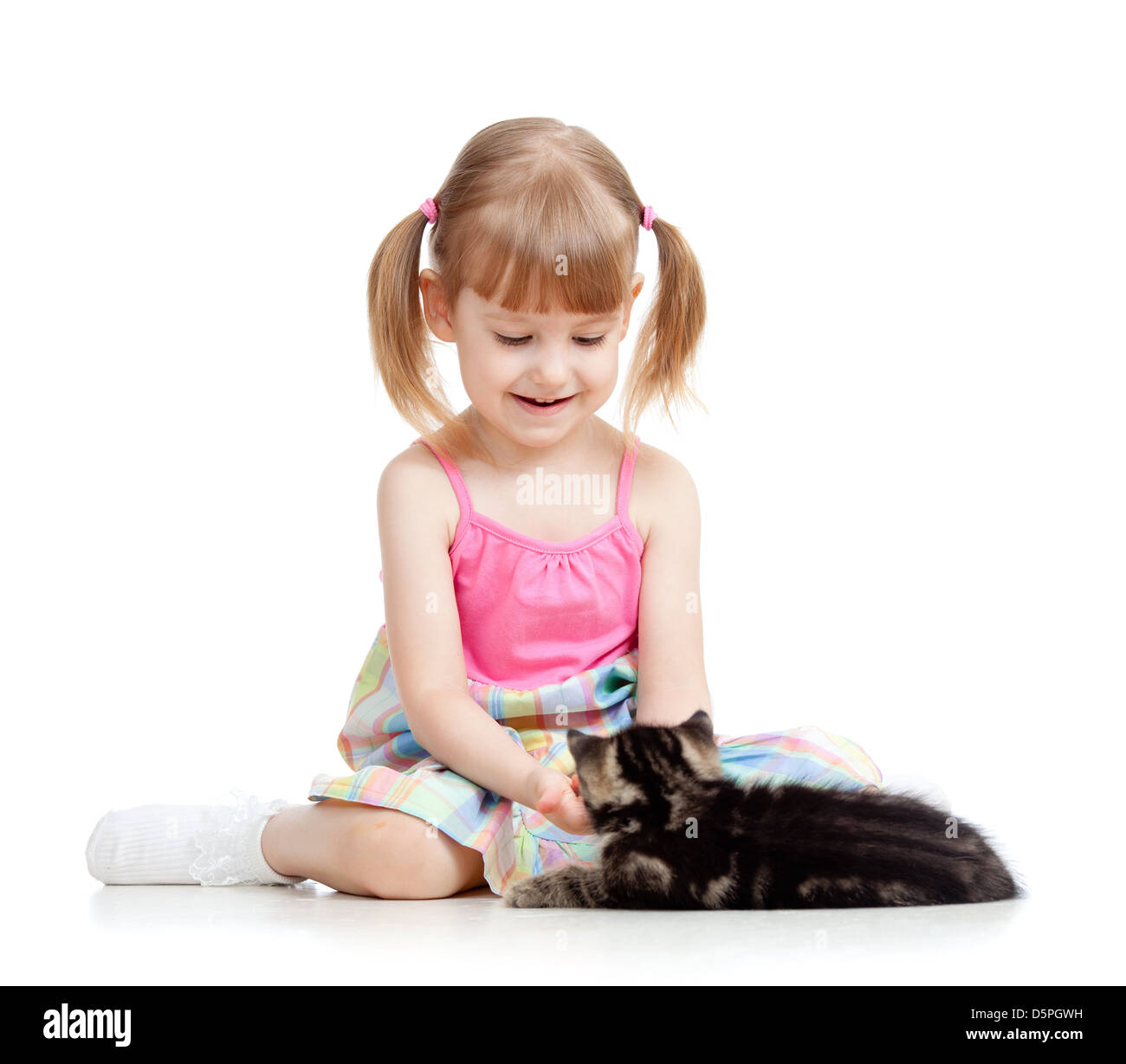kid girl playing with cat kitten Stock Photo Alamy