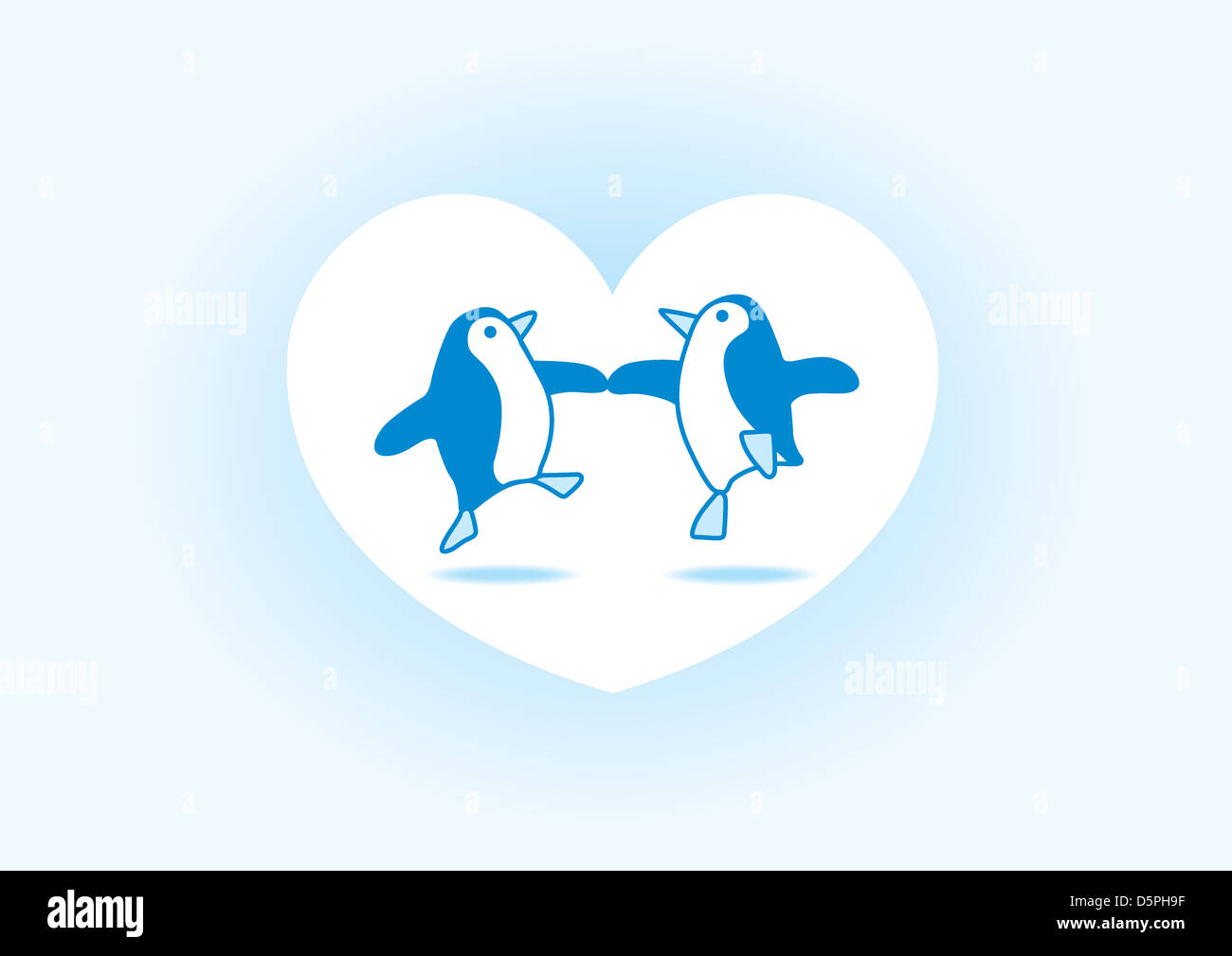 Two Happy Blue Penguins Dancing in a White Heart on a Soft Blue Background Stock Photo
