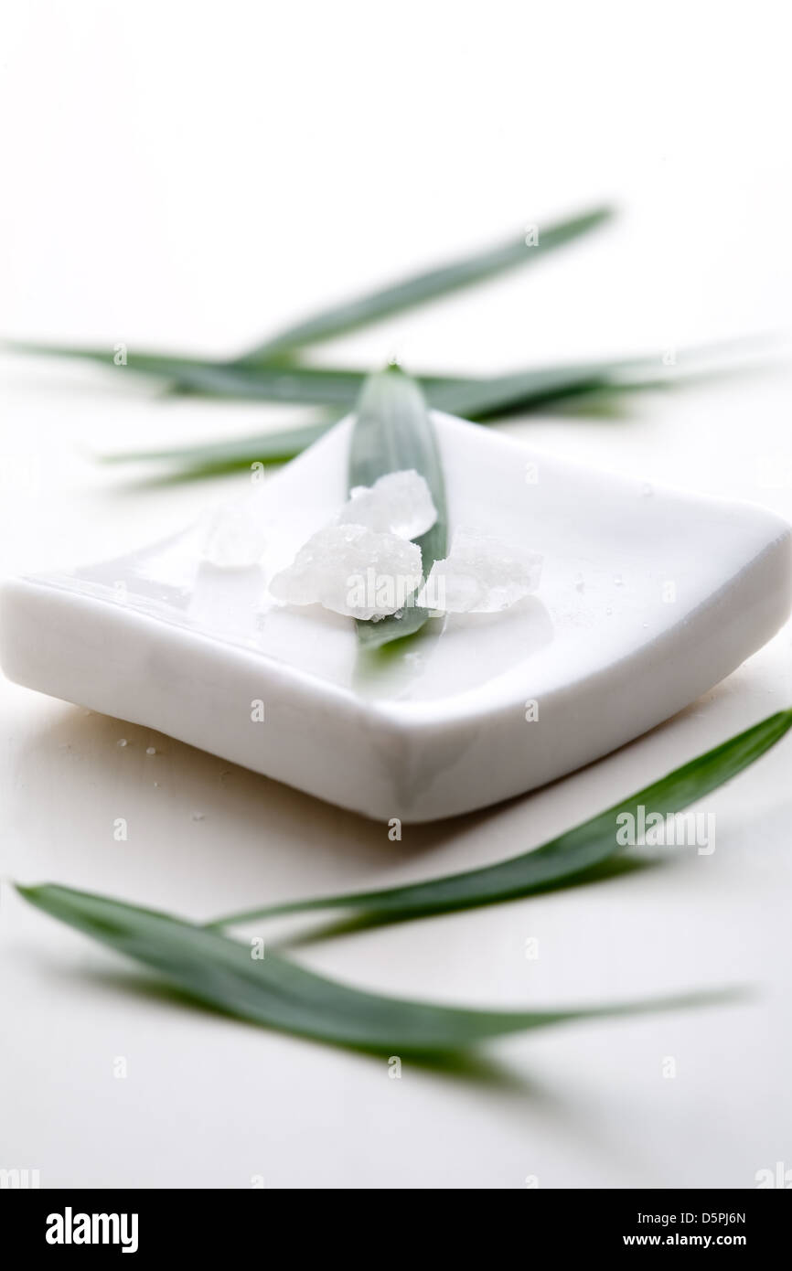 White bath salt on fresh green leaf Stock Photo