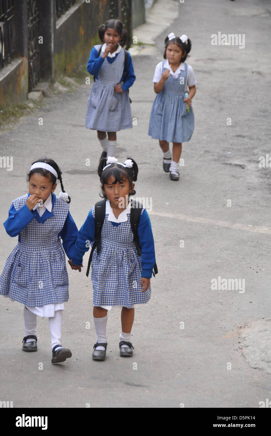 Young children in school uniform in Darjeeling, West Bengal, India Stock Photo
