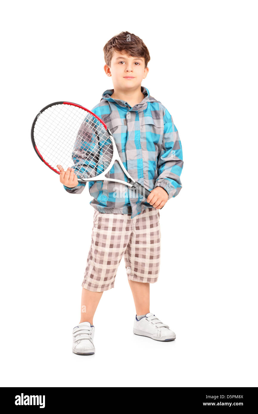 Full length portrait of a child holding a tennis racket isolated on ...