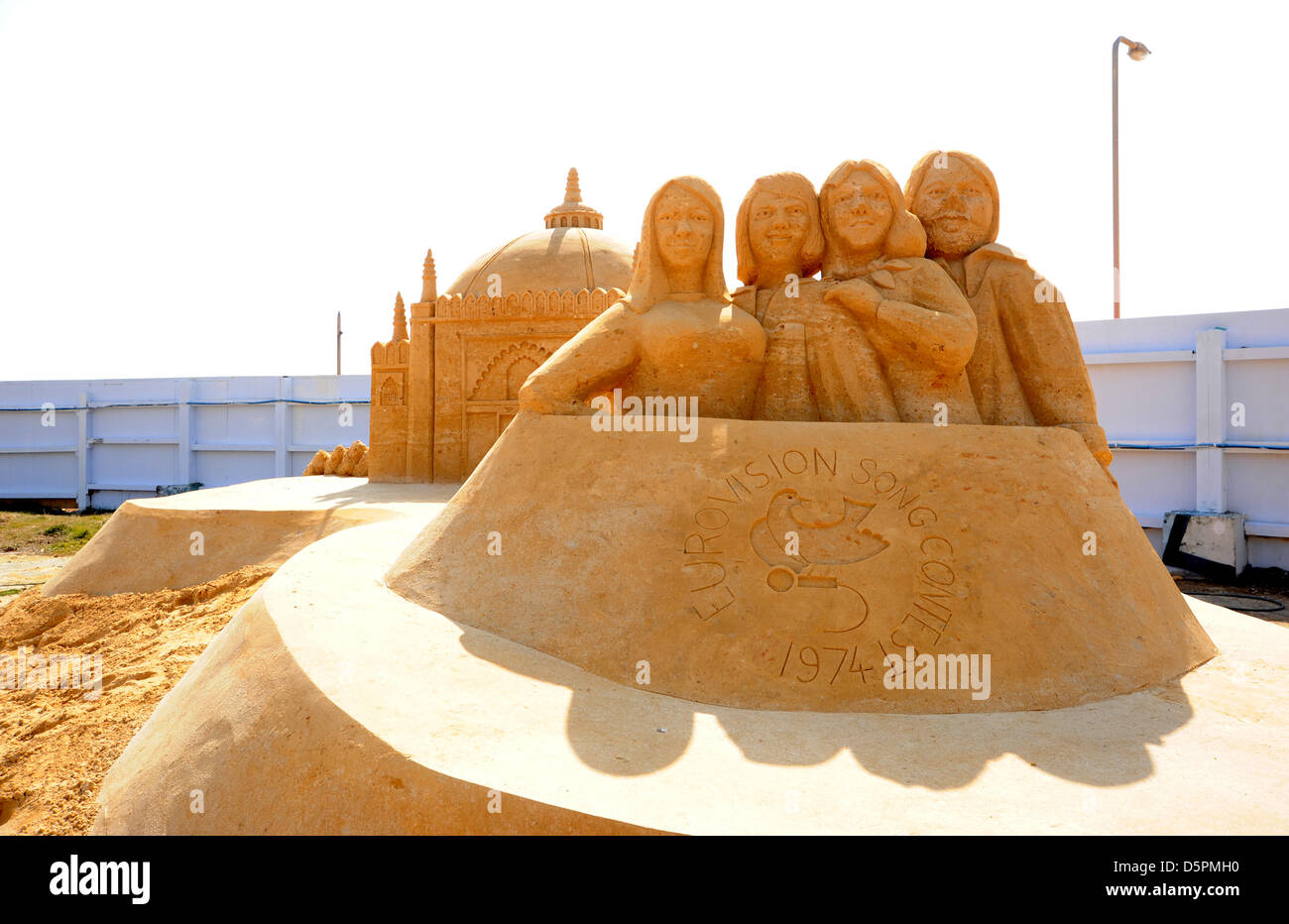 Brighton, Sussex, UK. 7th April 2013.  Abba who won the Eurovision Song Contest in Brighton are amongst the figures on display at the Sand Sculpture Festival 2013 which this year has a musical theme . It is due to open to the public tomorrow. Stock Photo