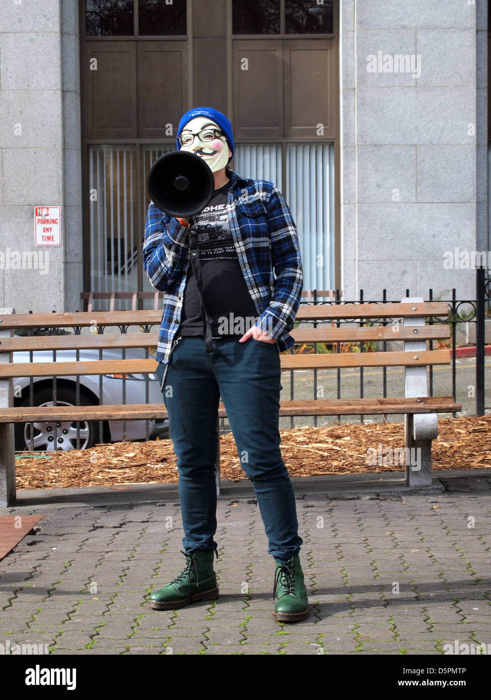 Antipolice demonstrator wearing a Guy Fawkes mask, Seattle, Washington