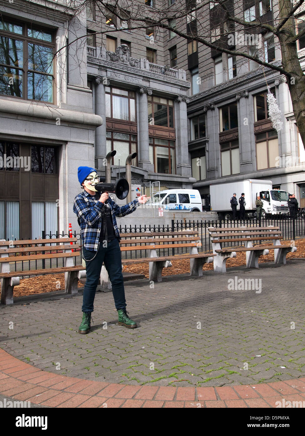 Antipolice demonstrator wearing a Guy Fawkes mask, Seattle, Washington