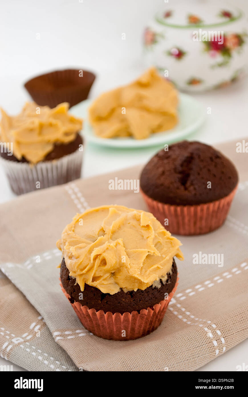 delicious homemade muffins with peanut butter icing Stock Photo