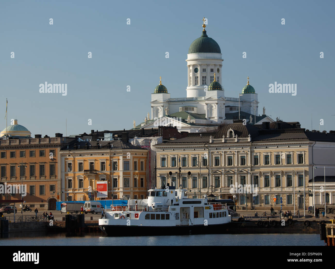South Harbor of Helsinki is dominated by facades of Government buildings and the domes of the Lutheran Cathedral. Stock Photo