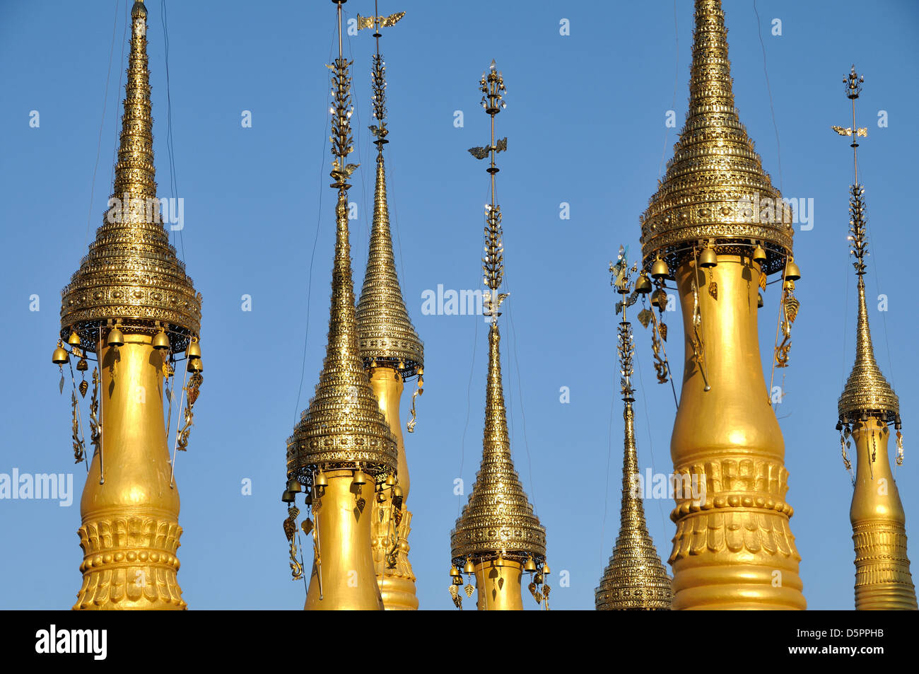 Detail of golden Stupas, Nyaung Shwe, Inle Lake, Shan State, Myanmar, Southeast Asia Stock Photo