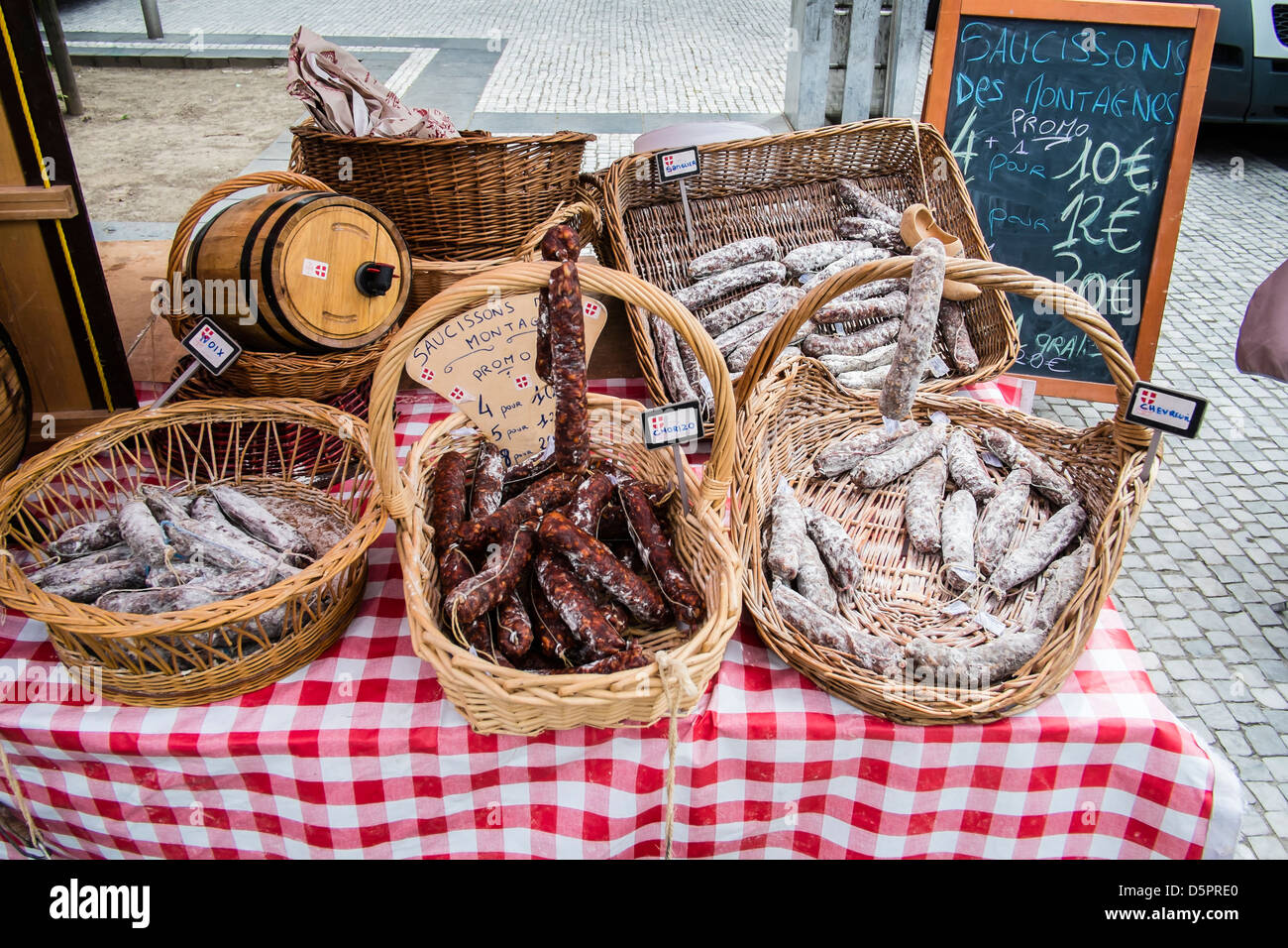 Fresh sausage for sale on a market stall in Calais market, France Stock  Photo - Alamy
